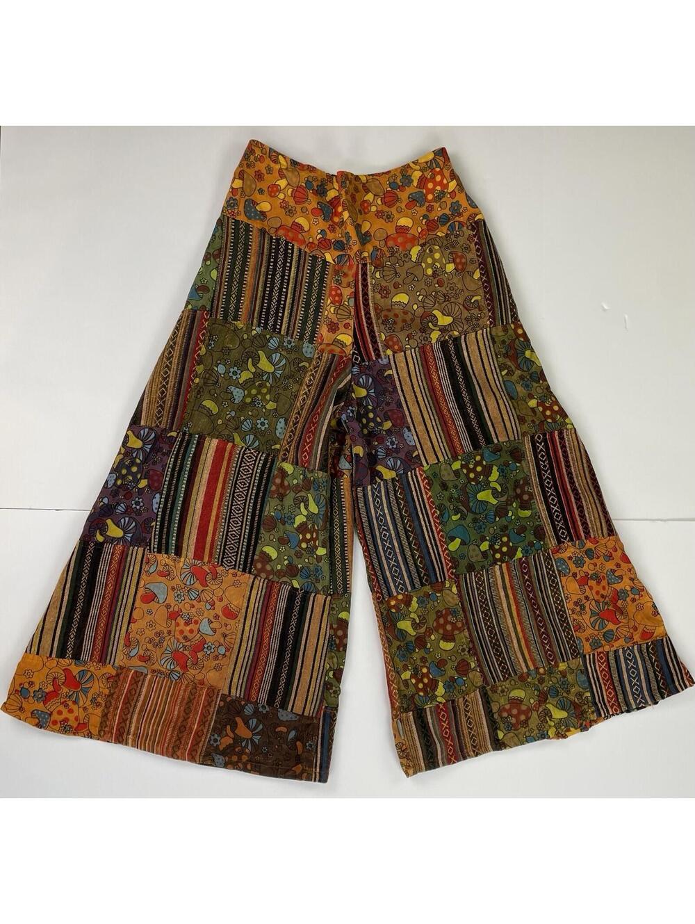Kathmandu Imports Wide Leg Patchwork Pants Palazzo Mushroom Hippie LG